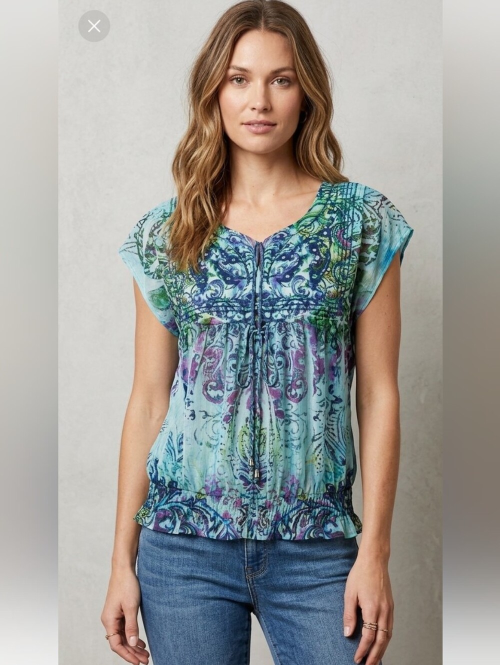 Energe PM, Boho, Medallion, Paisley, Sheer Mesh Back, Smocked Waist, Petite Larg